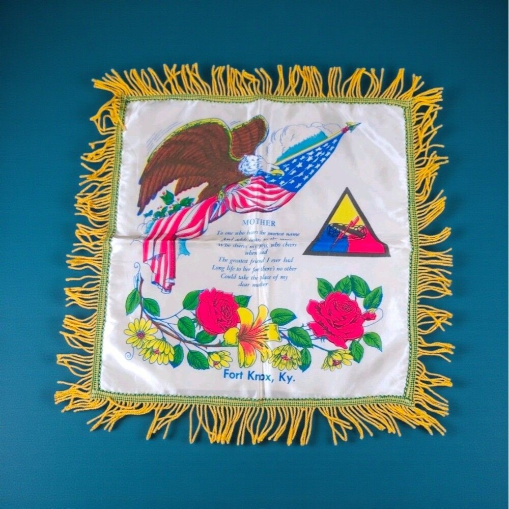 Vintage U.S. Army Fort Knox Pillow Cover Yellow Fringe Eagle Flag Souvenir